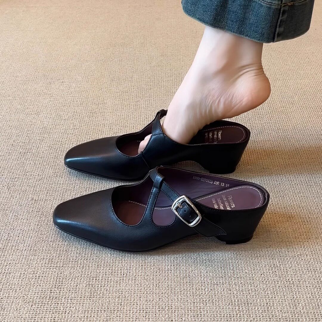 nnmiss/5cm内增高头层牛皮简约包头凉鞋百搭一字扣带外穿凉拖鞋