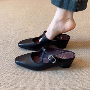 nnmiss/5cm内增高头层牛皮简约包头凉鞋百搭一字扣带外穿凉拖鞋