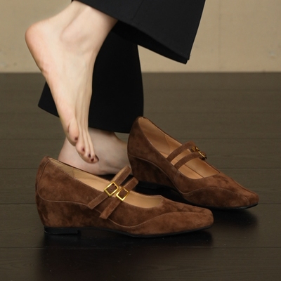 NNMISS·33-40/5.5cm内增高坡跟方头浅口双排扣带磨砂玛丽珍单鞋