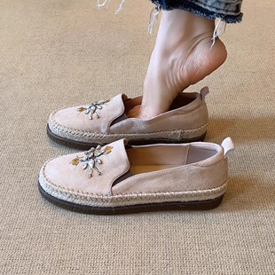 休闲舒适一脚蹬草编平底单鞋 水钻刺绣圆头渔夫鞋 2cm时尚 nnmiss