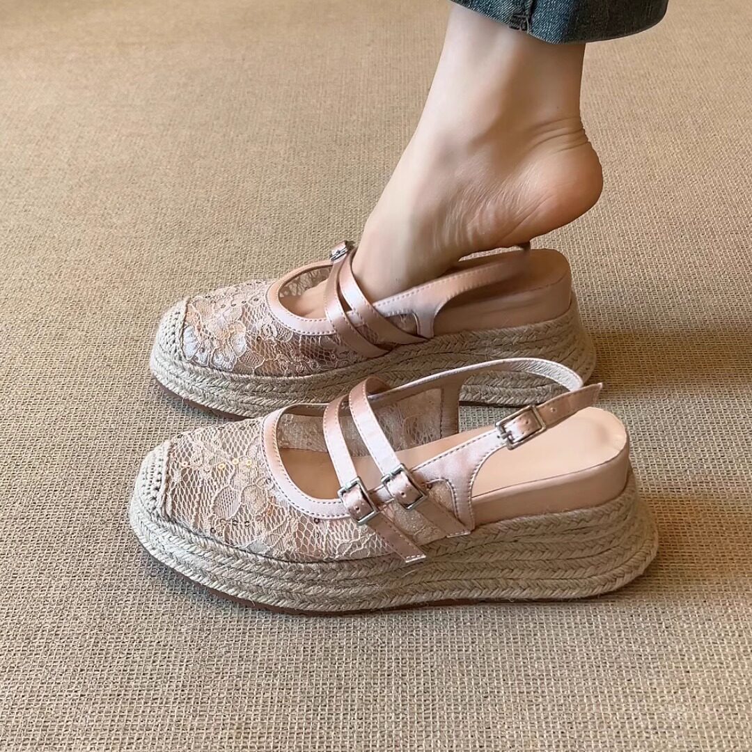 nnmiss/8cm小个子草编底坡跟凉鞋度假风圆头蝴蝶结厚底半拖