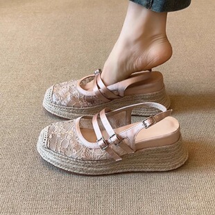 nnmiss 度假风圆头蝴蝶结厚底半拖 8cm小个子草编底坡跟凉鞋