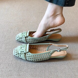 nnmiss/2cm时尚复古方头搭扣洞洞鞋新款通勤舒适包头后空低跟凉鞋