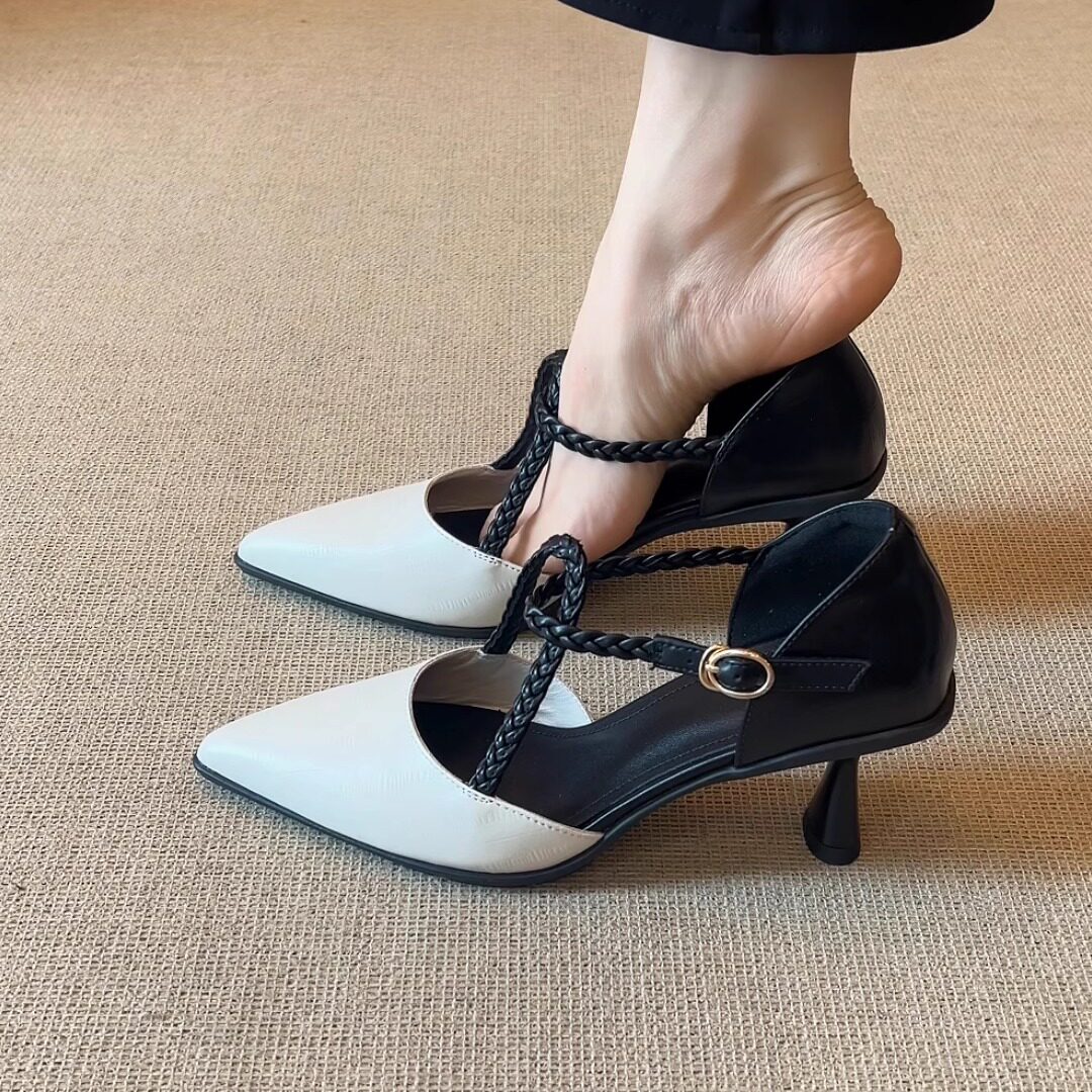 nnmiss/7.5cm气质尖头编织交叉带粗跟高跟鞋百搭拼色中空包头凉鞋