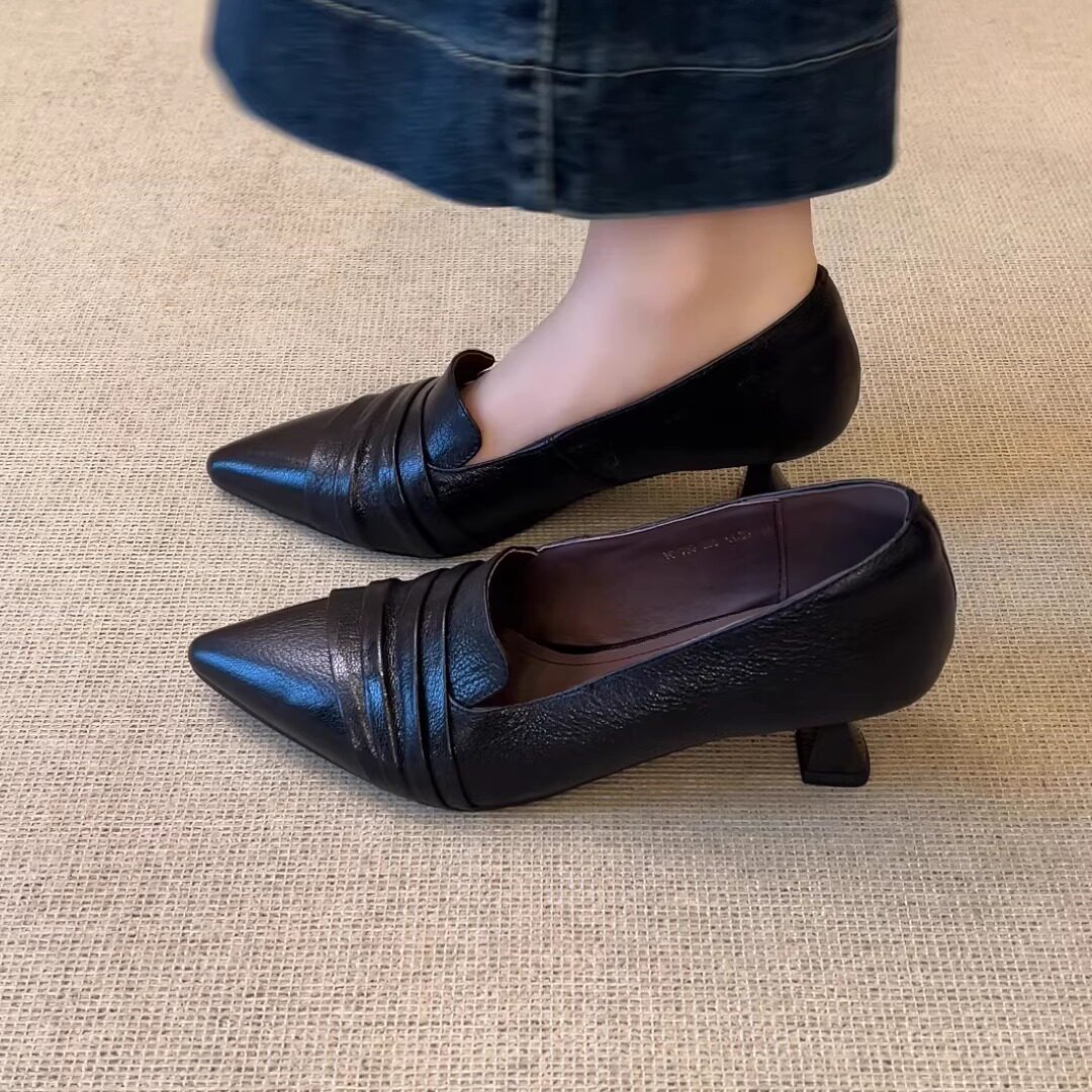 nnmiss/5cm气质通勤褶皱尖头高跟鞋简约百搭中口一脚蹬粗跟单鞋