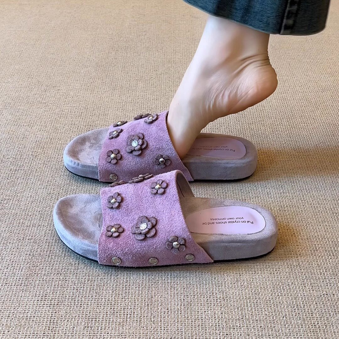 复古铆钉花朵舒适厚底露趾拖鞋