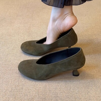 百搭磨砂绒面圆头V口通勤单鞋