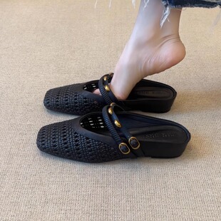 nnmiss 2cm简约百搭复古方头编织镂空金属双扣带包头凉拖鞋
