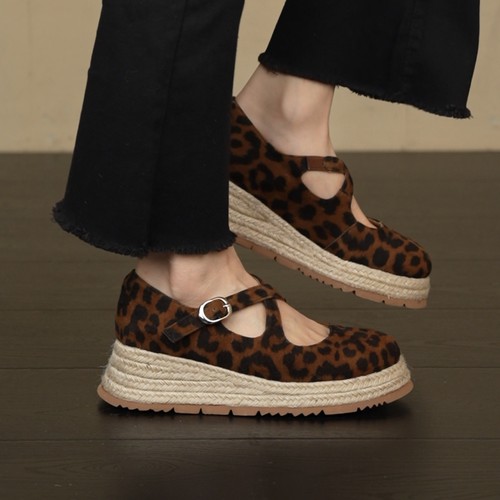 NNMISS·34-39/5.5cm性感豹纹交叉带单鞋圆头草编底坡跟渔夫鞋