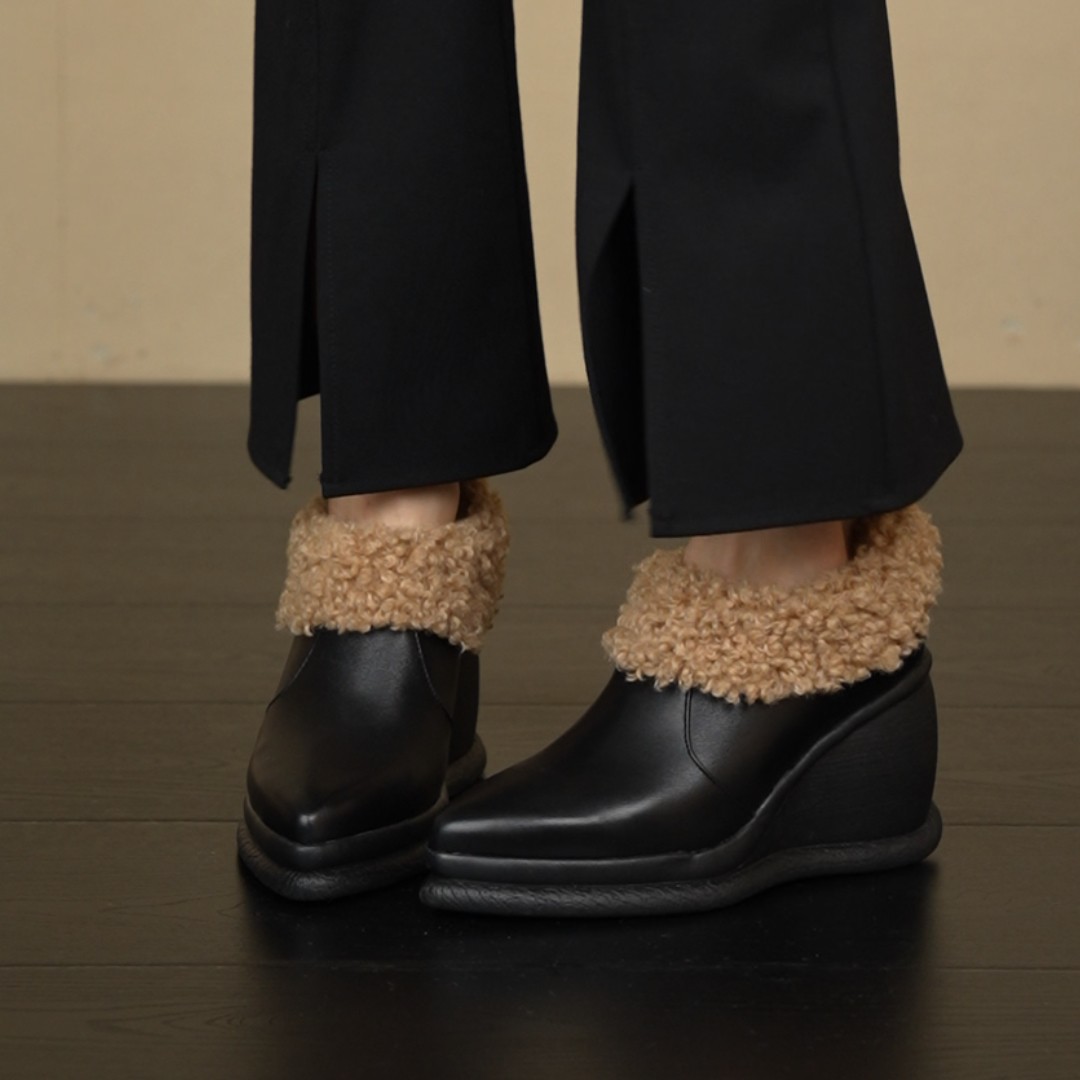 NNMISS&middot;34-39/8cm坡跟保暖加厚毛毛鞋羊翻皮深口懒人高跟单鞋