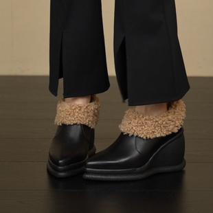 羊翻皮深口懒人高跟单鞋 8cm坡跟保暖加厚毛毛鞋 NNMISS·34