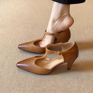 简约气质中空通勤包头凉鞋 nnmiss 7cm复古风尖头丁字扣带高跟女鞋