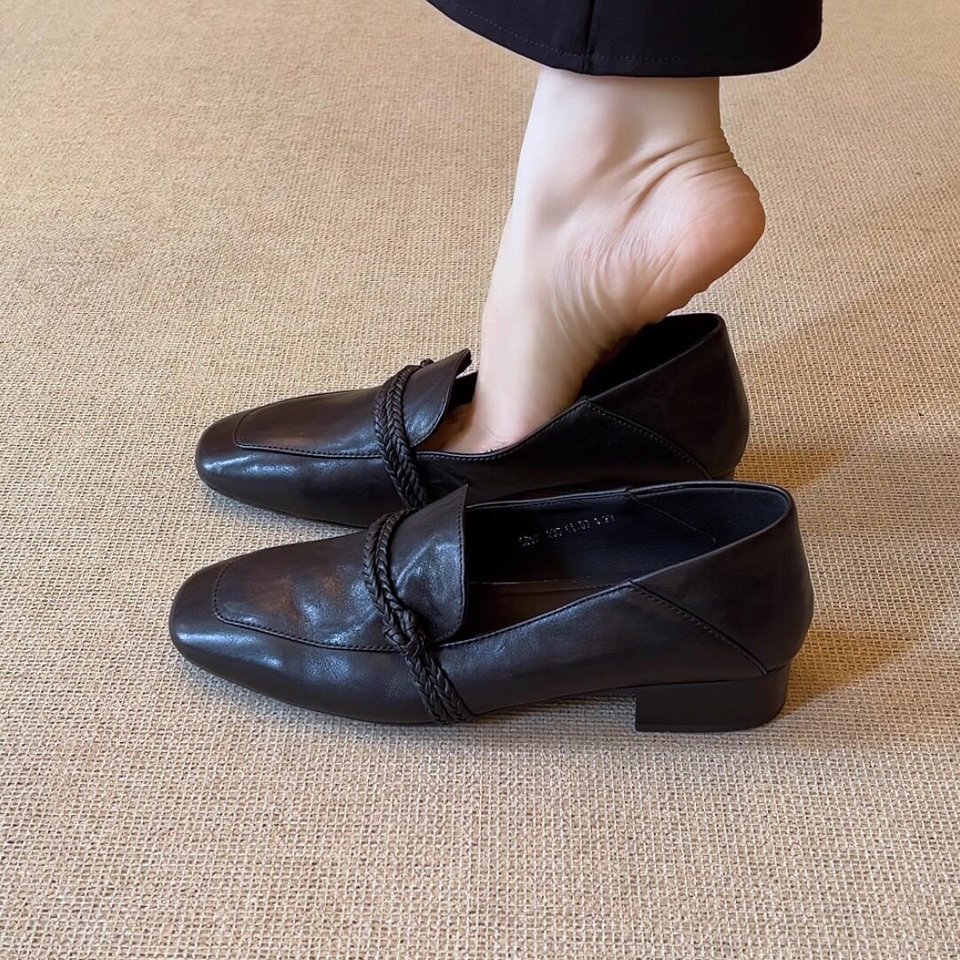 简约方头编织懒人一脚蹬小皮鞋女