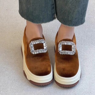 复古圆头水钻方扣简约百搭乐福鞋 4cm休闲厚底鞋 nnmiss·34