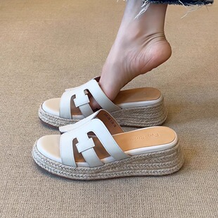 草编坡跟露趾外穿凉拖鞋 法式 5cm休闲百搭懒人圆头厚底凉鞋 nnmiss