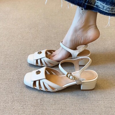 复古优雅山茶花包头高跟鞋凉鞋