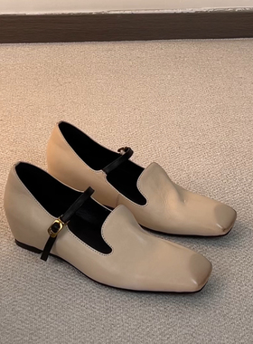 nnmiss·34-39/6cm内增高方头中口一字扣带复古头层牛皮坡跟单鞋