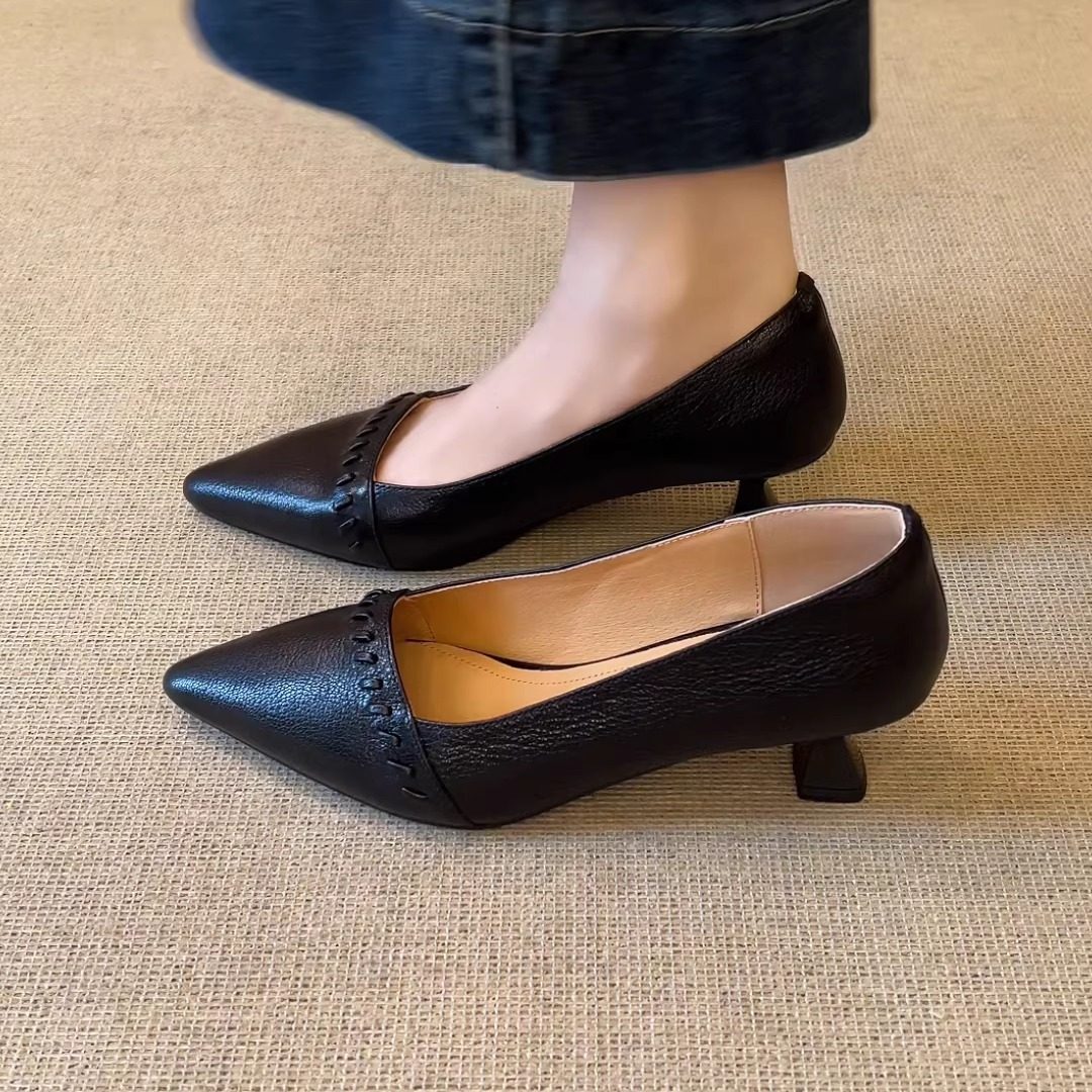 nnmiss/5cm羊皮尖头浅口优雅气质高跟鞋一脚蹬百搭通勤粗跟单鞋