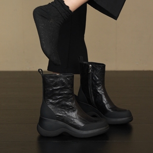 NNMISS·34 6.5cm复古手抓羊皮圆头内拉链运动厚底小个子短靴