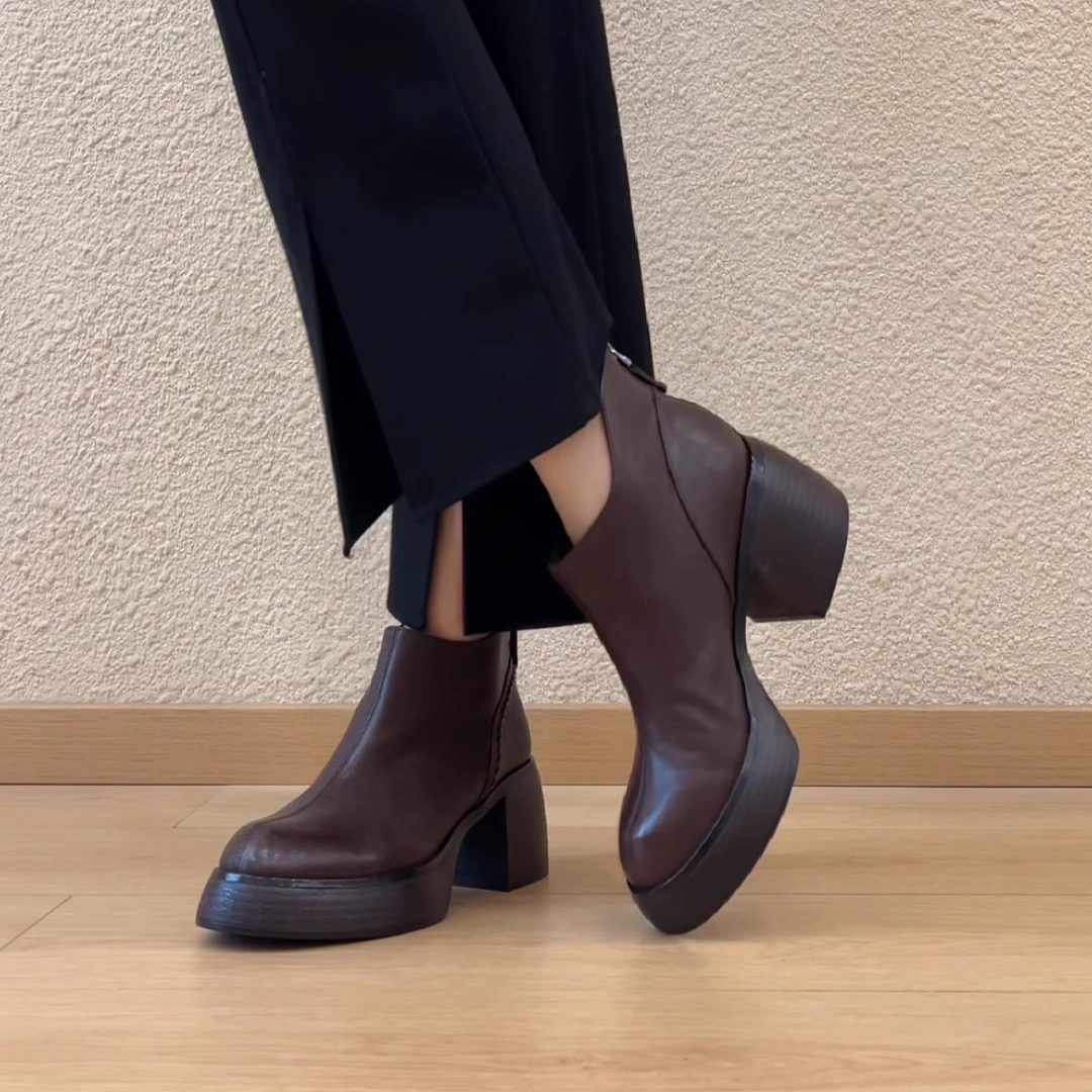 nnmiss/7cm复古极简风及踝靴木纹粗跟后拉链百搭通勤短靴