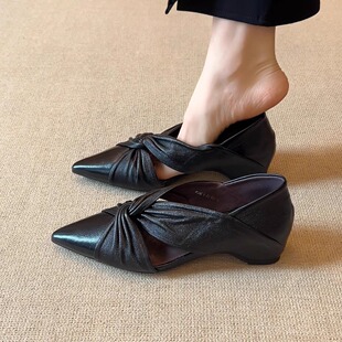 简约百搭单鞋 nnmiss·34 时尚 5cm小众内增高尖头纽结深口女鞋
