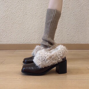舒适保暖通勤粗跟毛毛鞋 复古风方头一脚蹬单鞋 6cm时尚 nnmiss3.5