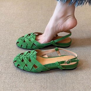 nnmiss/1.5cm百搭头层牛皮圆头编织透气后空低跟通勤包头罗马凉鞋