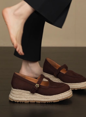 nnmiss·34-39/5cm小个子厚底坡跟玛丽珍时尚复古草编丁字带单鞋