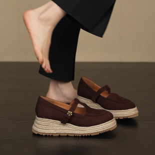 复古草编丁字带单鞋 5cm小个子厚底坡跟玛丽珍时尚 nnmiss·34