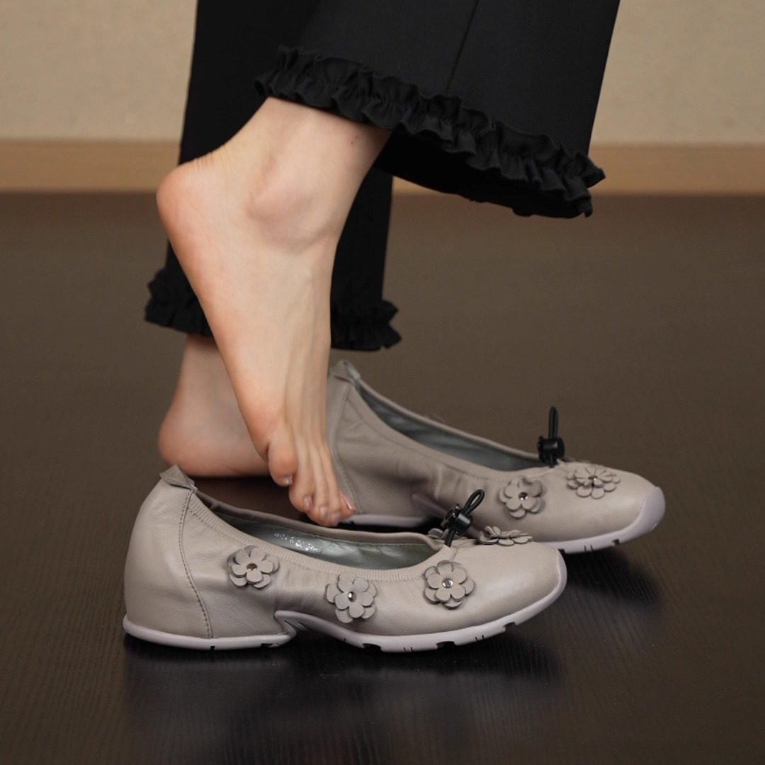 nnmiss/3.5cm小众休闲圆头设计感花朵抽绳浅口一脚蹬内增高单鞋