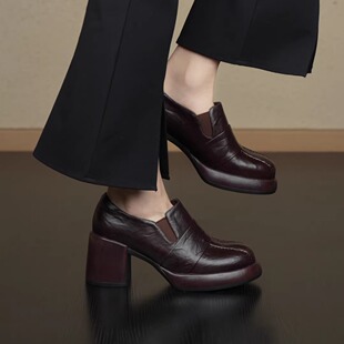 nnmiss/7cm厚度增高复古风小皮鞋简约百搭羊皮圆头深口通勤单鞋