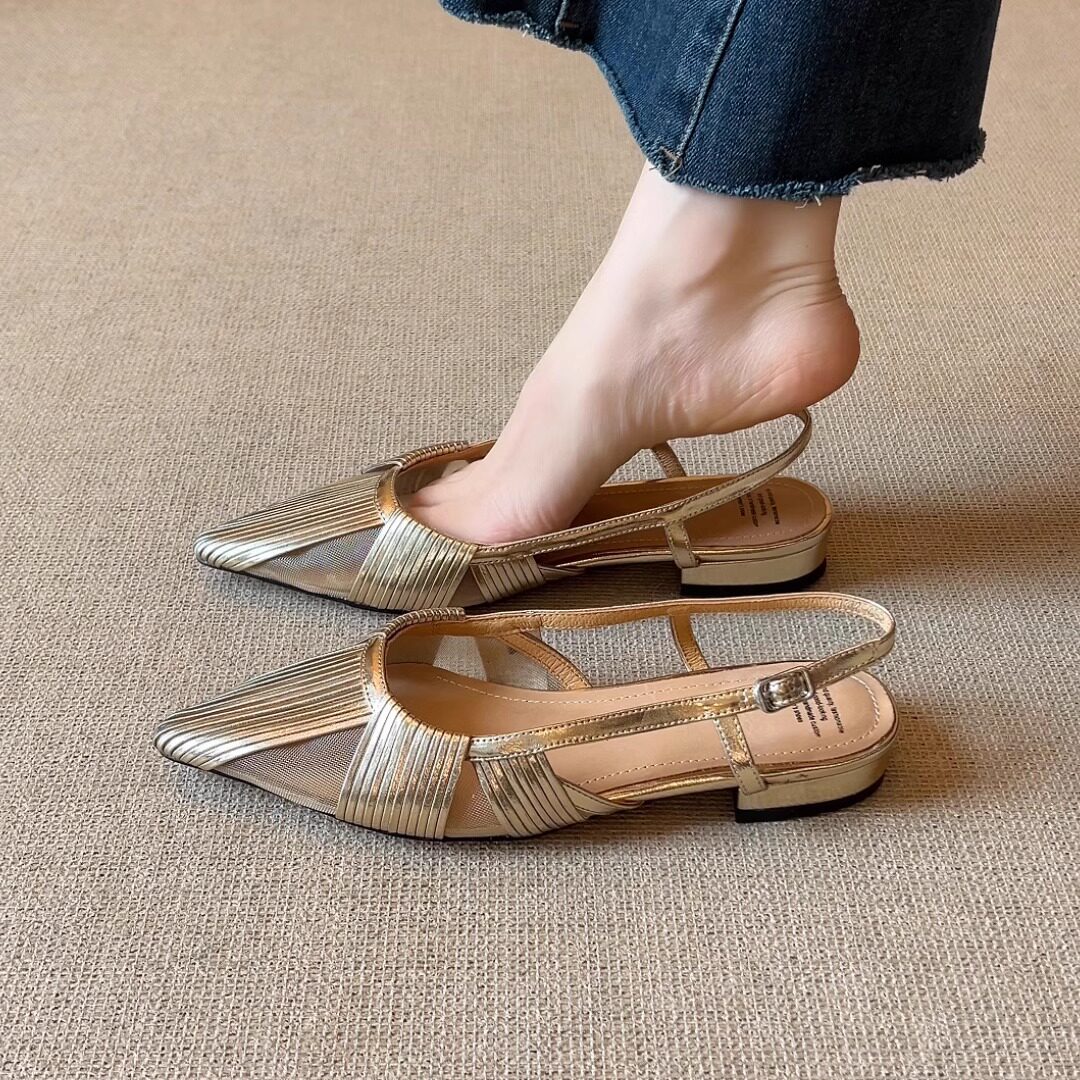 nnmiss/2cm小众时尚尖头网纱拼接气质优雅配裙子平跟包头后空凉鞋