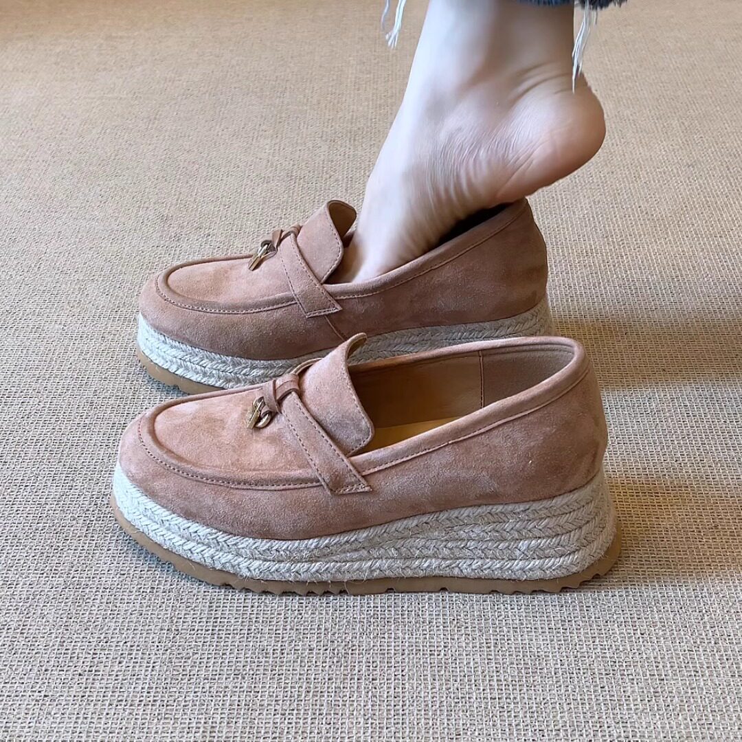 nnmiss/5cm厚底草编坡跟乐福鞋女百搭圆头高跟懒人渔夫鞋单鞋