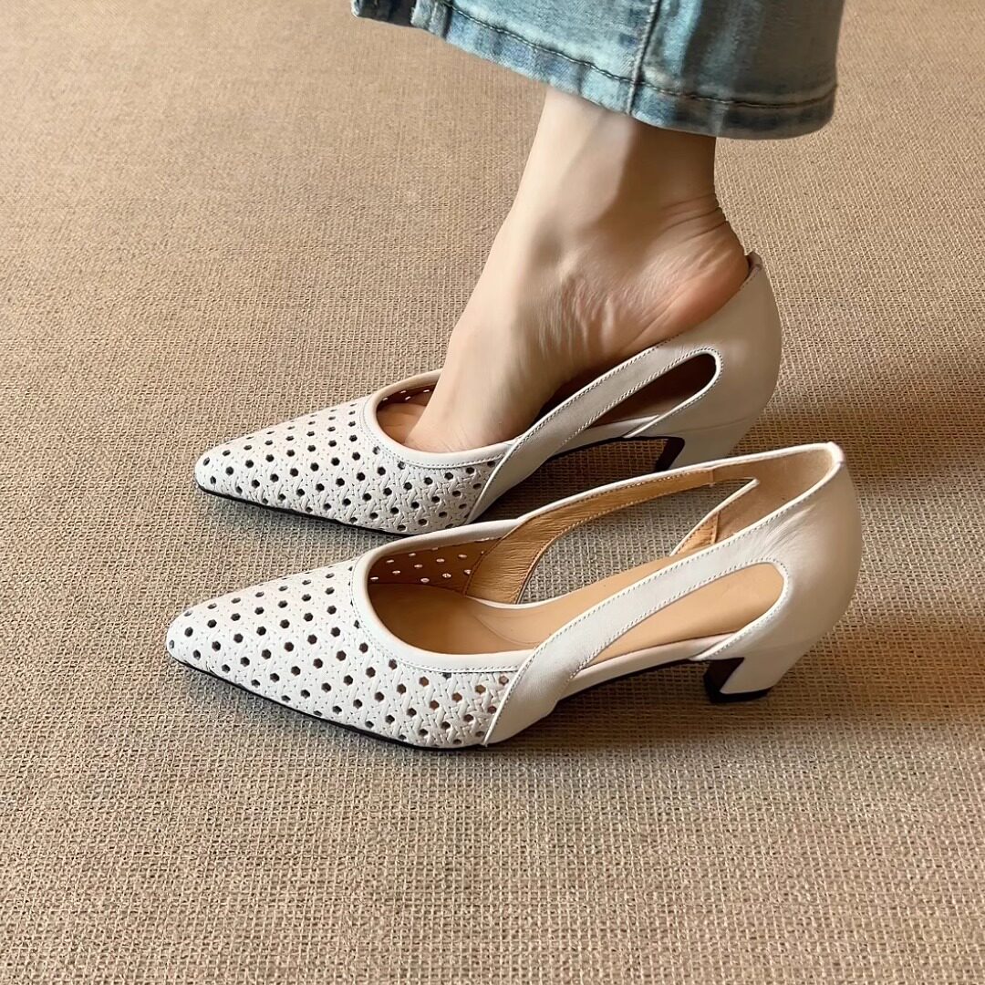 nnmiss/5cm时尚简约打孔镂空尖头高跟鞋气质通勤包头后空凉鞋