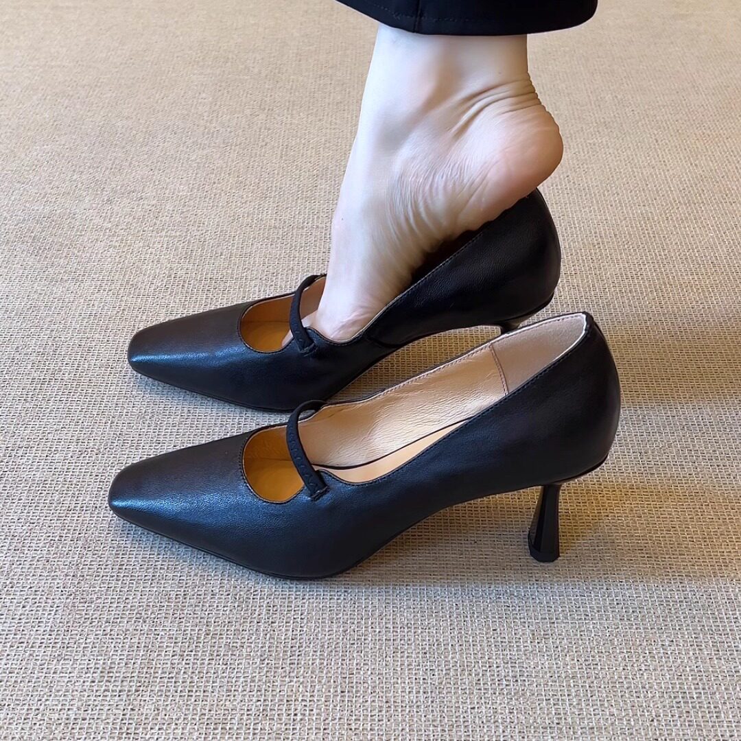 nnmiss/7cm气质方头浅口一字带简约复古细跟通勤优雅高跟鞋