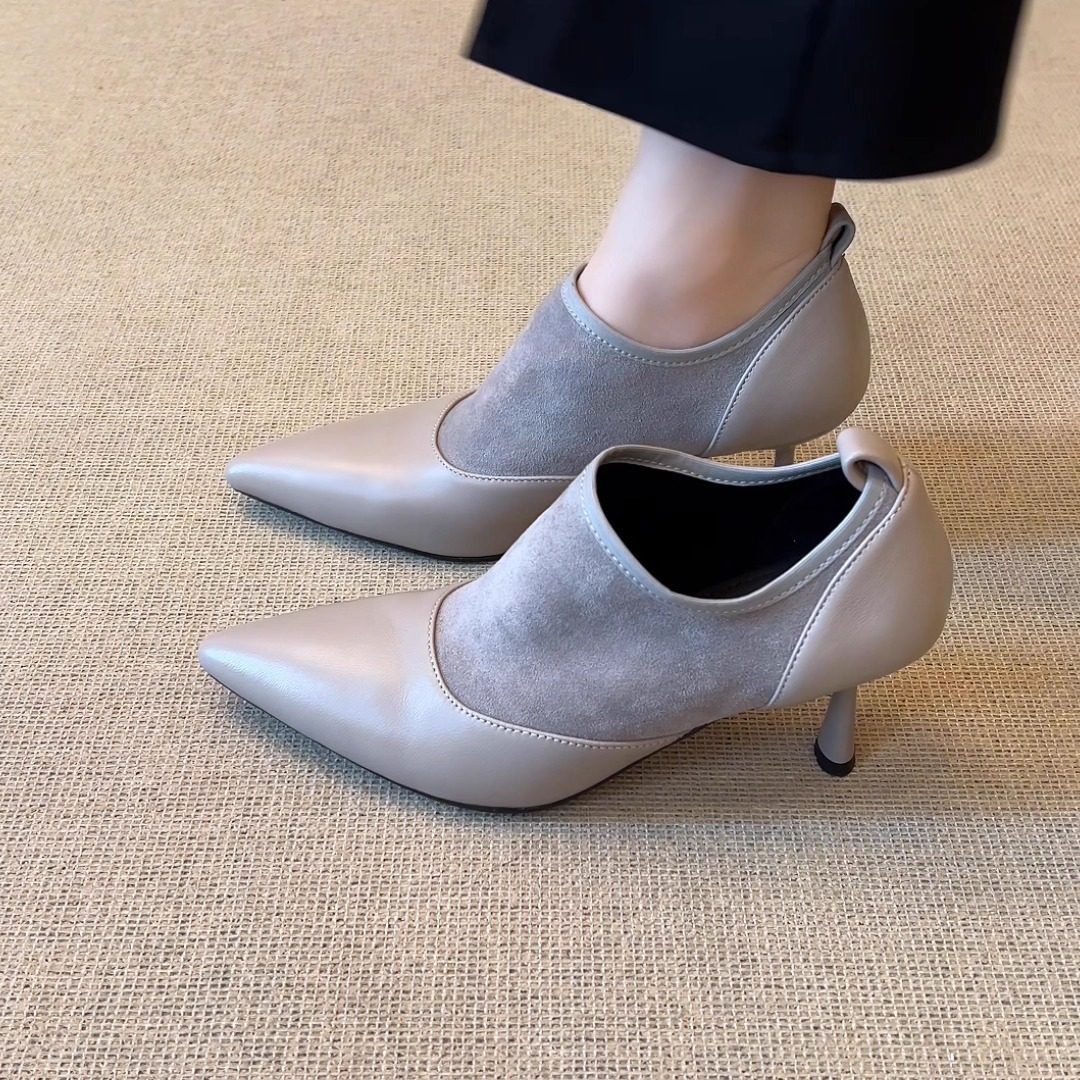 nnmiss/7cm优雅复古风尖头拼接绒面短靴百搭气质细跟通勤及踝靴