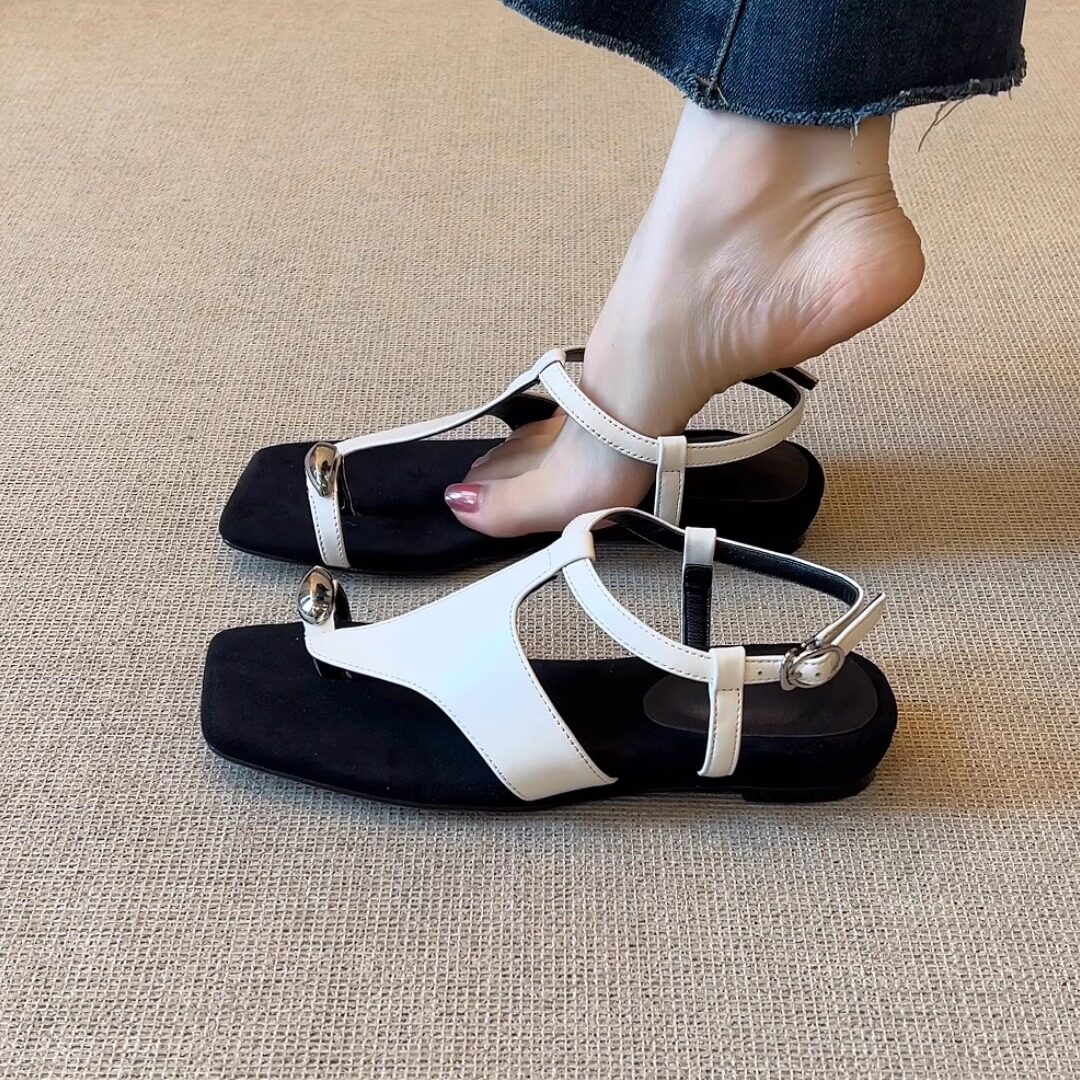 nnmiss/2cm小众法式复古方头蛇纹丁字扣带套趾舒适坡跟时尚凉鞋