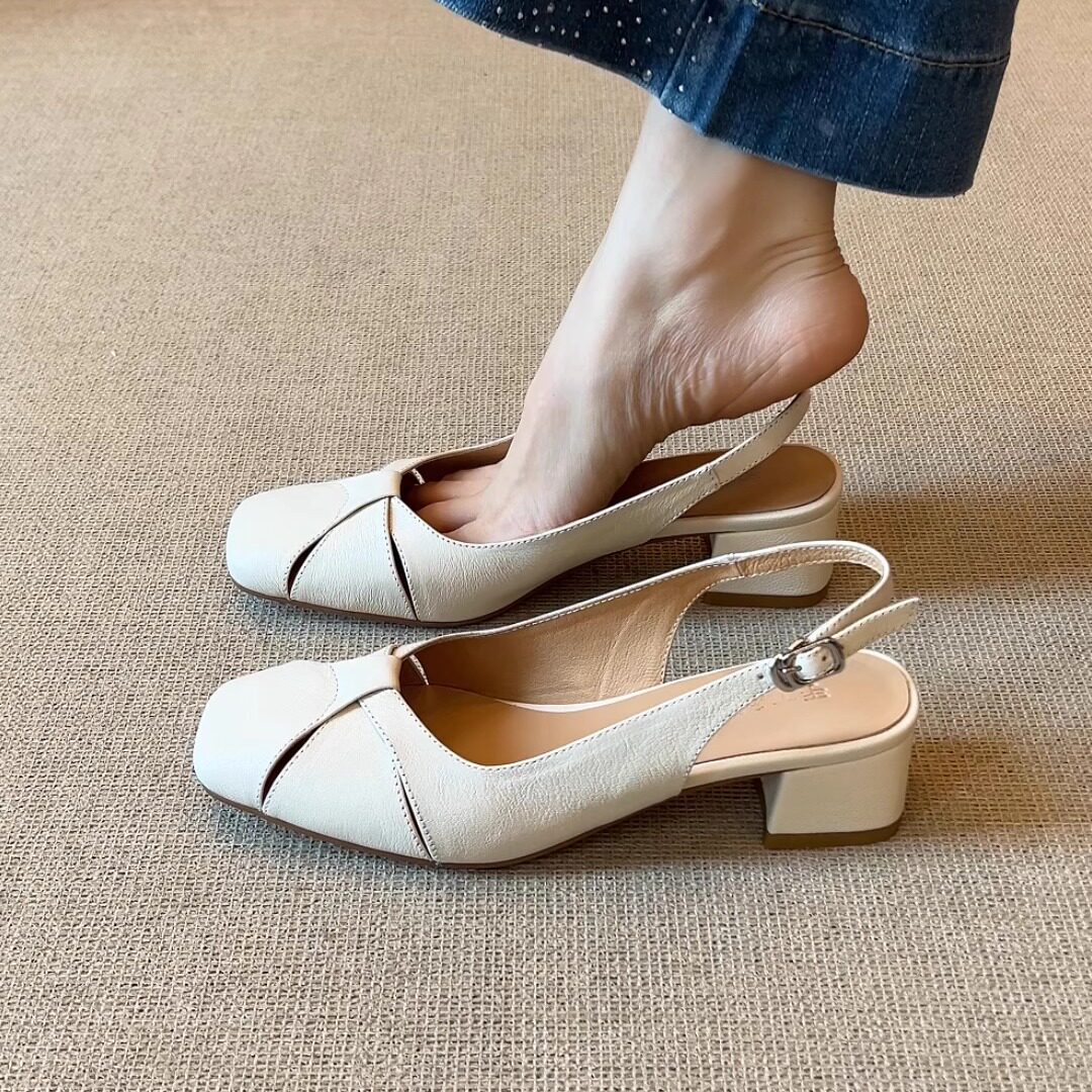 nnmiss/5cm小众设计简约方头高跟鞋编织交叉绊带粗跟包头后空凉鞋