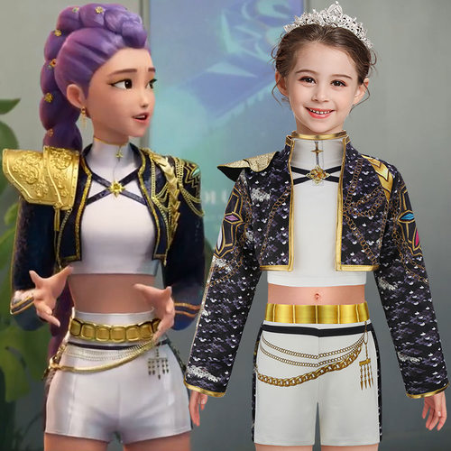 欧美跨境热卖猎魔女团k-pop鲁米儿童童装三件套黑色打歌服cos服