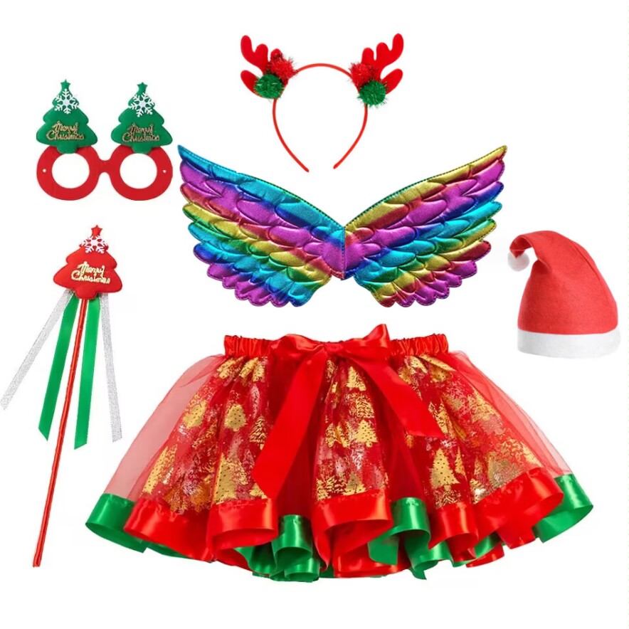 圣诞节印花女童蓬蓬裙小鹿头箍眼罩魔法棒帽子派对网纱半身裙子