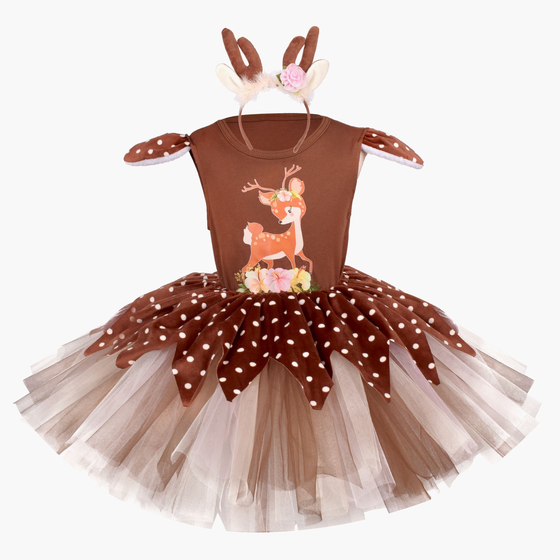 圣诞麋鹿驯鹿印花连衣裙外贸女童蓬蓬裙装扮服饰派对拍照角色cos