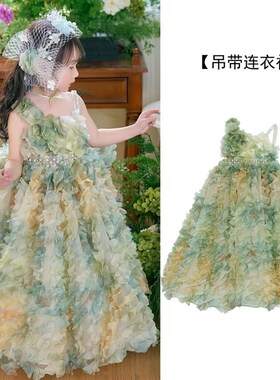 绿色精灵小叮当女童森系公主tutu蓬蓬吊带裙立体花朵幼儿园表演服