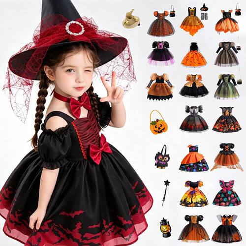 万圣cos女童印花裙Halloween dress连衣儿童节日派对童礼服公主裙
