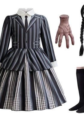 亚当斯一家星期三表演服儿童adams连衣裙cos服装灰色校服连衣裙