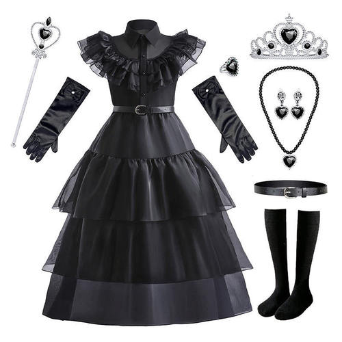 跨境亚当斯一家cos服纱裙星期三黑色纱裙女童万圣节扮演服连衣裙
