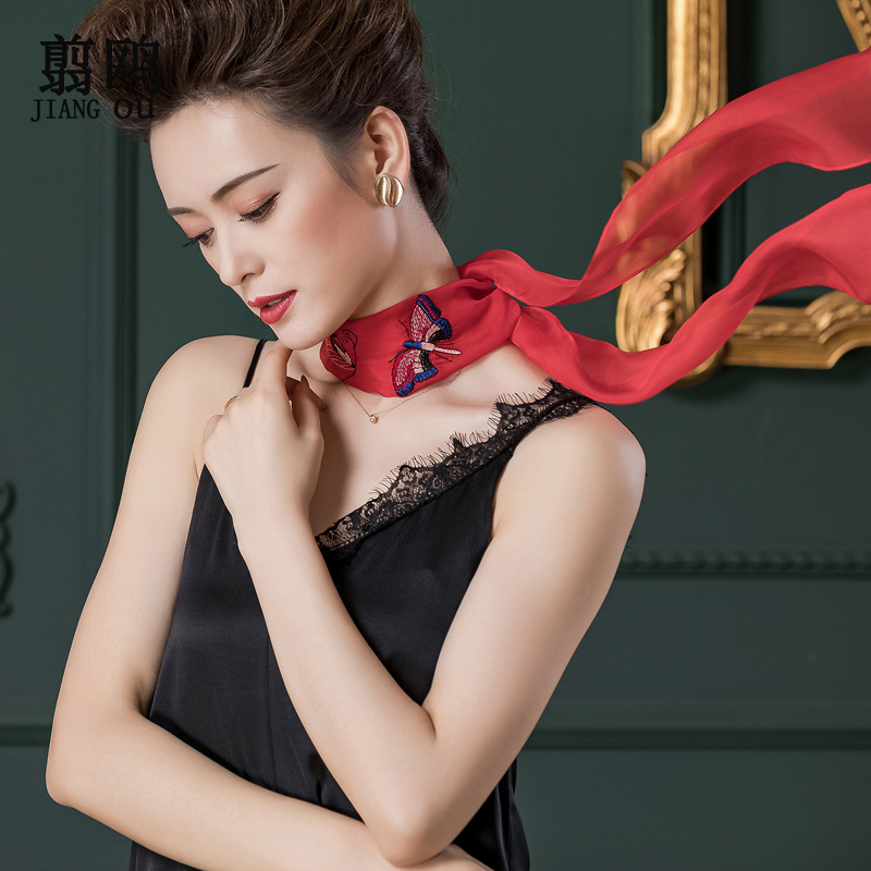 真丝丝巾小长条女百搭刺绣领巾