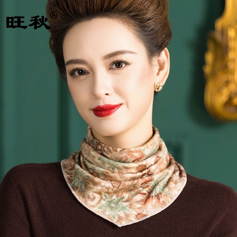 100%羊毛保暖围巾女便捷按扣印花围脖秋冬防寒护颈百搭脖套三角巾