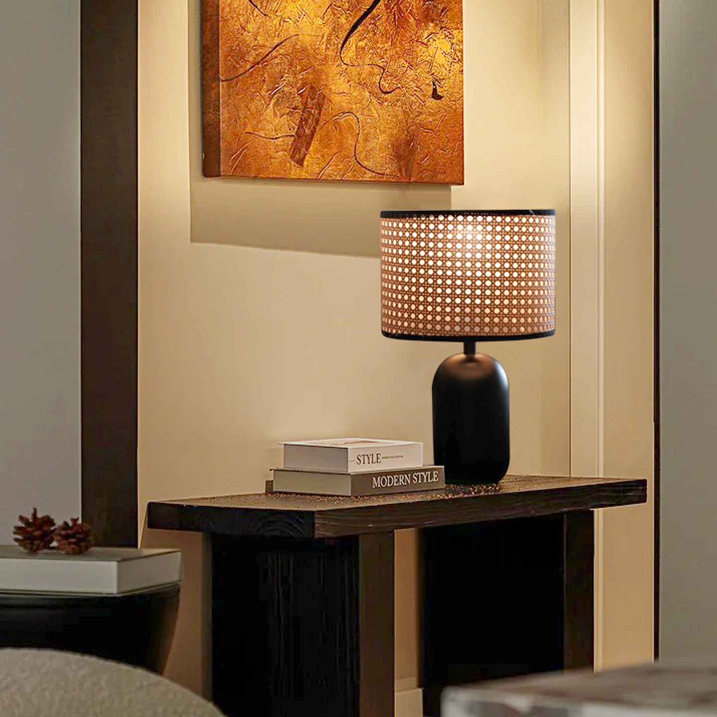 旭呈设计师台灯卧室复古中古客厅原木风边柜装饰简约藤编小床头灯,家装灯饰光源,装饰台灯,淘宝优惠券,粉丝福利购,淘宝优惠卷