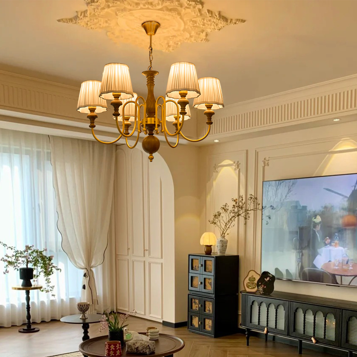 旭呈美式复古客厅吊灯法式中古风主灯卧室布艺灯具书房餐厅吸顶灯