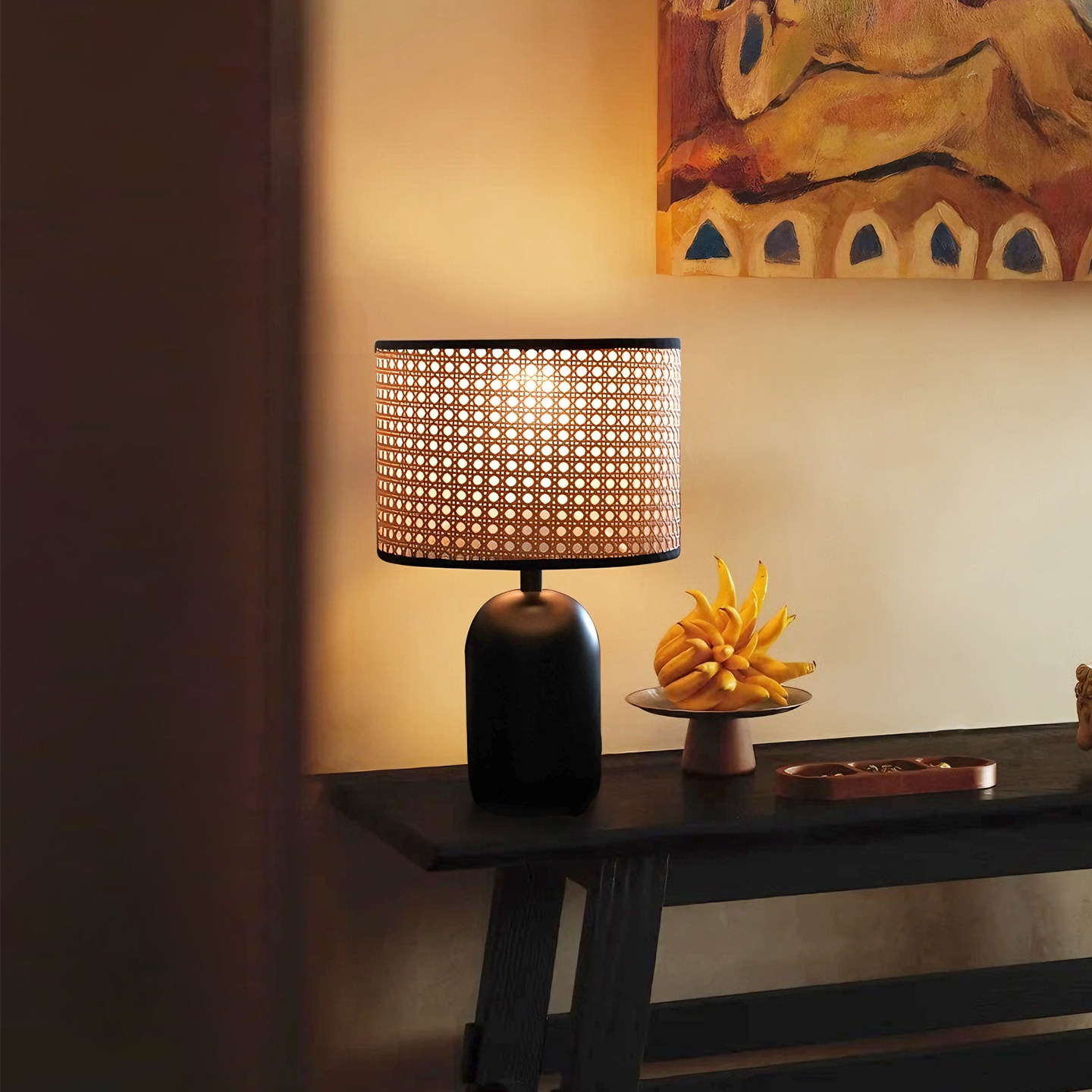 旭呈藤编台灯卧室复古中古客厅原木风边柜装饰现代极简小床头灯